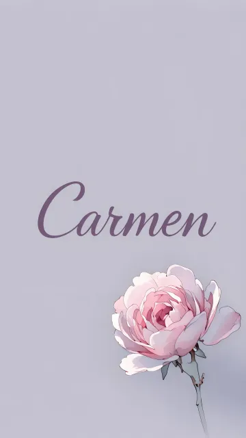 Carmen diseño 5 - Nombre en elegante tipografía cursiva caligráfica en tono lavanda, sobre fondo acuarela de cielo nublado en tonos pastel (azul, blanco, lavanda), decorado con rosa en acuarela de pétalos rosa pálido, blanco crema y lilas suaves con hojas en gris-verde.
