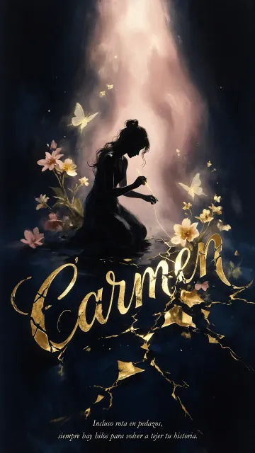 Carmen diseño 6 - Composición de ilustración semirrealista cinematográfica con silueta femenina tejiendo un hilo dorado de luz sobre un suelo oscuro fracturado al estilo Kintsugi, donde el nombre resalta en un prominente guión caligráfico dorado que emerge de las grietas, rodeado de flores blancas, mariposas y un fondo degradado de azules profundos iluminado por una luz celestial en tonos melocotón y crema, con una frase de aliento en tipografía blanca en la parte inferior.