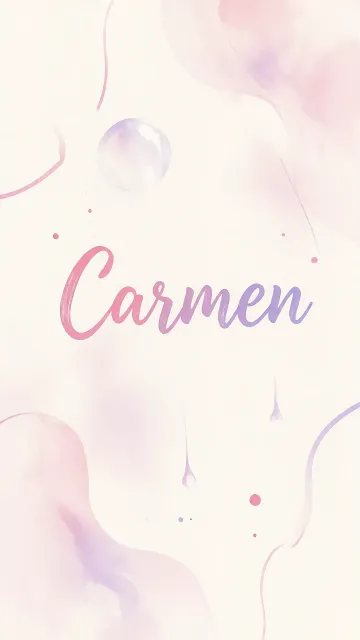 Carmen diseño 7 - Diseño abstracto en acuarela sobre fondo crema, con manchas fluidas y etéreas en rosa pastel y lila, líneas curvas que aportan movimiento, pequeñas gotas salpicadas cayendo verticalmente y una burbuja translúcida en la parte superior izquierda. El nombre resalta al centro con una tipografía cursiva amplia y elegante en degradado rosa a morado.