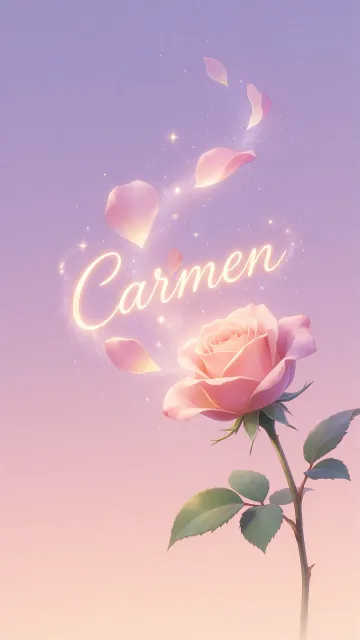 Carmen diseño 8 - Fondo de Pantalla con degradado suave que transiciona de lila en la parte superior a melocotón y rosa pastel en la base, destacando una rosa rosada hiperrealista con tallo y hojas verdes. El nombre brilla en tipografía cursiva con efecto neón cálido, adornado con pétalos cayendo y chispas de luz mágica.