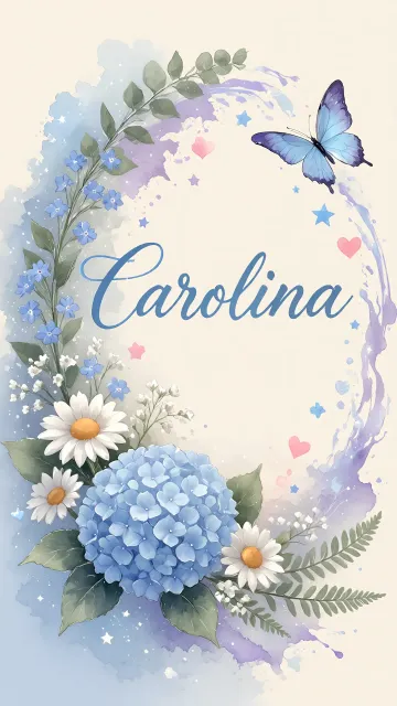 Carolina diseño 1 - Hortensias azules, flores pequeñas y acuarela suave con mariposas azules y brillo etéreo