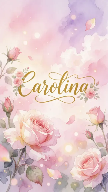 Carolina diseño 10 - Diseño estilo acuarela con un fondo etéreo y texturizado en nubes de tonos rosa pastel y lila suave. Presenta composiciones de rosas abiertas y capullos en los bordes inferior y superior, con pétalos cayendo delicadamente. Incorpora destellos de luz cálida (efecto bokeh) y, en el centro, resalta una tipografía elegante, cursiva y fluida en color dorado.