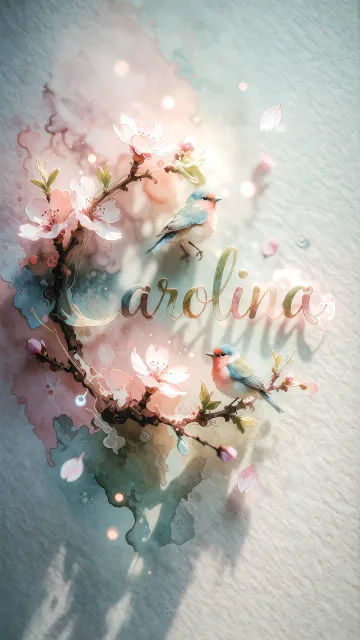 Carolina diseño 11 - Un delicado diseño de estilo acuarela digital que combina una tipografía de caligrafía personalizada para el nombre en tonos dorados y rosados suaves, adornada con pequeñas hojas y brotes. Un pajarito azul y naranja vibrante está posado en una de las letras. Todo está rodeado por un marco circular de ramas de cerezo en flor con delicadas flores rosadas y blancas. El fondo es un lavado de acuarela difuminado en tonos pastel suaves de azul cerceta, rosa rubor y melocotón sobre una textura de papel rugoso, con destellos luminosos y motas de luz bokeh flotando alrededor, creando una atmósfera mágica y soñadora. Las sombras suaves proyectadas añaden profundidad.