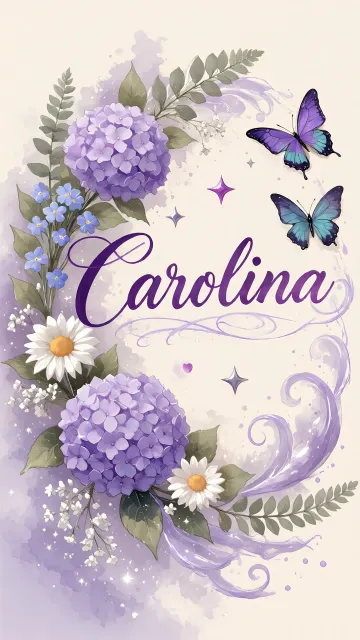 Carolina diseño 2 - Diseño elegante de hortensias en tonos lila y morados suaves, con volutas estilizadas y una mariposa mística que aporta un toque etéreo y mágico.