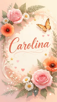 Carolina - Elegante composición de rosas rosadas y amapolas naranjas con mariposas doradas brillantes sobre un fondo cálido, romántico y mágico.