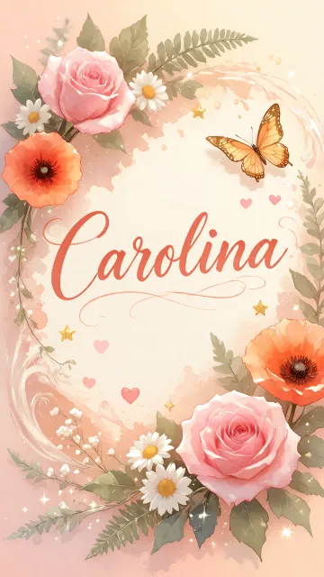 Carolina diseño 3 - Elegante composición de rosas rosadas y amapolas naranjas con mariposas doradas brillantes sobre un fondo cálido, romántico y mágico.