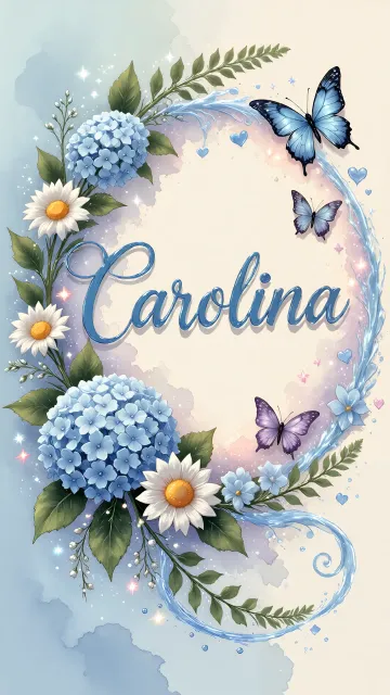 Carolina diseño 4 - Composición magica con nombre en letra cursiva azul, rodeado de hortensias azules, margaritas blancas y delicadas flores silvestres, enmarcado por suaves remolinos de agua, mariposas azules y destellos estelares sobre un fondo etéreo y romántico.