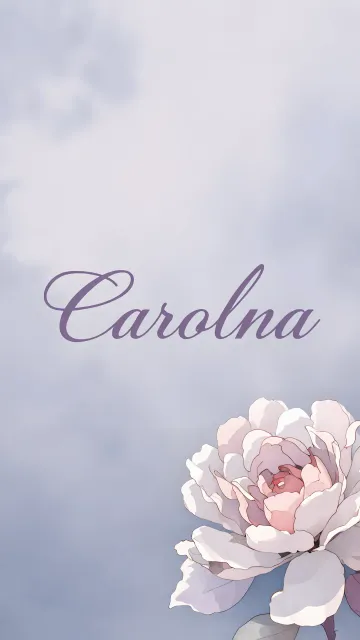 Carolina diseño 5 - Nombre en elegante tipografía cursiva caligráfica en tono lavanda, sobre fondo acuarela de cielo nublado en tonos pastel (azul, blanco, lavanda), decorado con rosa en acuarela de pétalos rosa pálido, blanco crema y lilas suaves con hojas en gris-verde.