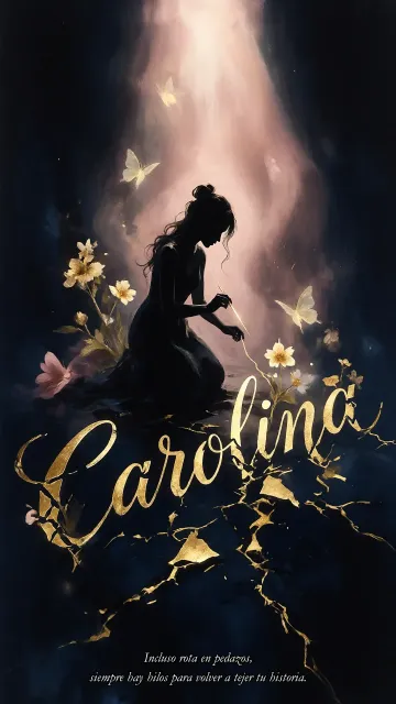 Carolina diseño 6 - Composición de ilustración semirrealista cinematográfica con silueta femenina tejiendo un hilo dorado de luz sobre un suelo oscuro fracturado al estilo Kintsugi, donde el nombre resalta en un prominente guión caligráfico dorado que emerge de las grietas, rodeado de flores blancas, mariposas y un fondo degradado de azules profundos iluminado por una luz celestial en tonos melocotón y crema, con una frase de aliento en tipografía blanca en la parte inferior.