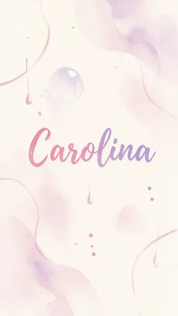 Carolina diseño 7 - Diseño abstracto en acuarela sobre fondo crema, con manchas fluidas y etéreas en rosa pastel y lila, líneas curvas que aportan movimiento, pequeñas gotas salpicadas cayendo verticalmente y una burbuja translúcida en la parte superior izquierda. El nombre resalta al centro con una tipografía cursiva amplia y elegante en degradado rosa a morado.
