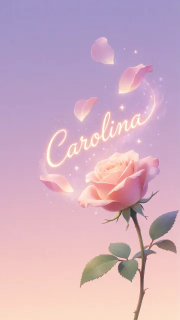Carolina diseño 8 - Fondo de Pantalla con degradado suave que transiciona de lila en la parte superior a melocotón y rosa pastel en la base, destacando una rosa rosada hiperrealista con tallo y hojas verdes. El nombre brilla en tipografía cursiva con efecto neón cálido, adornado con pétalos cayendo y chispas de luz mágica.