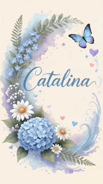 Catalina diseño 1 - Hortensias azules, flores pequeñas y acuarela suave con mariposas azules y brillo etéreo