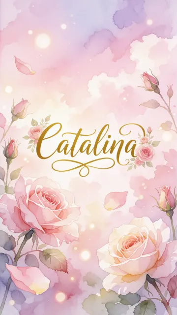 Catalina diseño 10 - Diseño estilo acuarela con un fondo etéreo y texturizado en nubes de tonos rosa pastel y lila suave. Presenta composiciones de rosas abiertas y capullos en los bordes inferior y superior, con pétalos cayendo delicadamente. Incorpora destellos de luz cálida (efecto bokeh) y, en el centro, resalta una tipografía elegante, cursiva y fluida en color dorado.