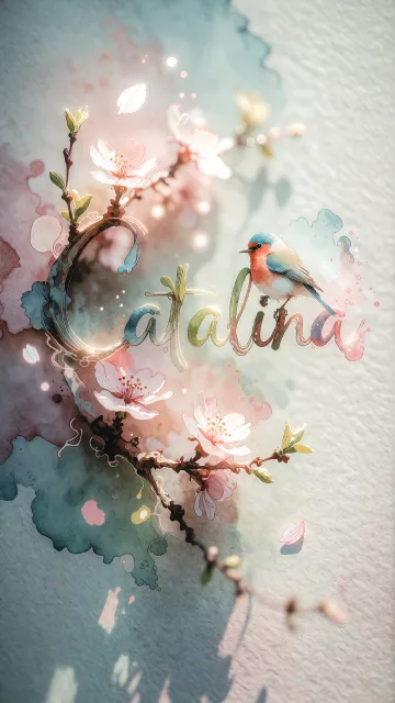 Catalina diseño 11 - Un delicado diseño de estilo acuarela digital que combina una tipografía de caligrafía personalizada para el nombre en tonos dorados y rosados suaves, adornada con pequeñas hojas y brotes. Un pajarito azul y naranja vibrante está posado en una de las letras. Todo está rodeado por un marco circular de ramas de cerezo en flor con delicadas flores rosadas y blancas. El fondo es un lavado de acuarela difuminado en tonos pastel suaves de azul cerceta, rosa rubor y melocotón sobre una textura de papel rugoso, con destellos luminosos y motas de luz bokeh flotando alrededor, creando una atmósfera mágica y soñadora. Las sombras suaves proyectadas añaden profundidad.