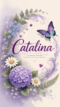 Catalina - Diseño elegante de hortensias en tonos lila y morados suaves, con volutas estilizadas y una mariposa mística que aporta un toque etéreo y mágico.