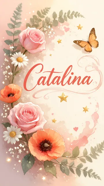 Catalina diseño 3 - Elegante composición de rosas rosadas y amapolas naranjas con mariposas doradas brillantes sobre un fondo cálido, romántico y mágico.