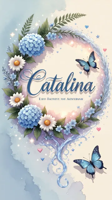 Catalina diseño 4 - Composición magica con nombre en letra cursiva azul, rodeado de hortensias azules, margaritas blancas y delicadas flores silvestres, enmarcado por suaves remolinos de agua, mariposas azules y destellos estelares sobre un fondo etéreo y romántico.
