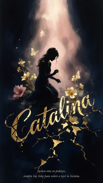 Catalina diseño 6 - Composición de ilustración semirrealista cinematográfica con silueta femenina tejiendo un hilo dorado de luz sobre un suelo oscuro fracturado al estilo Kintsugi, donde el nombre resalta en un prominente guión caligráfico dorado que emerge de las grietas, rodeado de flores blancas, mariposas y un fondo degradado de azules profundos iluminado por una luz celestial en tonos melocotón y crema, con una frase de aliento en tipografía blanca en la parte inferior.