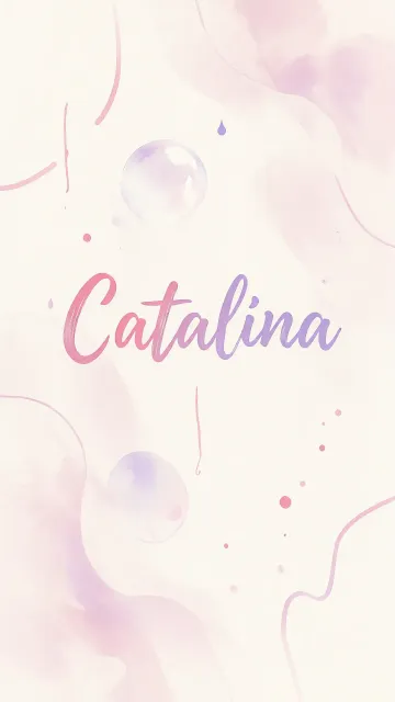 Catalina diseño 7 - Diseño abstracto en acuarela sobre fondo crema, con manchas fluidas y etéreas en rosa pastel y lila, líneas curvas que aportan movimiento, pequeñas gotas salpicadas cayendo verticalmente y una burbuja translúcida en la parte superior izquierda. El nombre resalta al centro con una tipografía cursiva amplia y elegante en degradado rosa a morado.