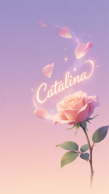 Catalina diseño 8 - Fondo de Pantalla con degradado suave que transiciona de lila en la parte superior a melocotón y rosa pastel en la base, destacando una rosa rosada hiperrealista con tallo y hojas verdes. El nombre brilla en tipografía cursiva con efecto neón cálido, adornado con pétalos cayendo y chispas de luz mágica.