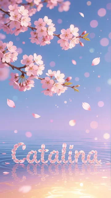 Catalina diseño 9 - Composición serena y onírica con ramas de cerezo en flor (sakura) en la parte superior contra un cielo en degradado de azul suave y lila. Pétalos de color rosa pastel flotan delicadamente en el aire cayendo hacia una superficie de agua tranquila y cristalina. En el centro inferior, el nombre está formado por pétalos de flores con un sutil efecto de relieve 3D y tipografía floral, reflejándose sobre el agua que está iluminada por un cálido destello dorado de luz solar en la esquina inferior derecha.