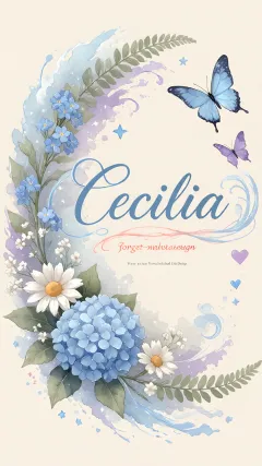 Cecilia - Hortensias azules, flores pequeñas y acuarela suave con mariposas azules y brillo etéreo
