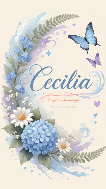 Cecilia diseño 1 - Hortensias azules, flores pequeñas y acuarela suave con mariposas azules y brillo etéreo