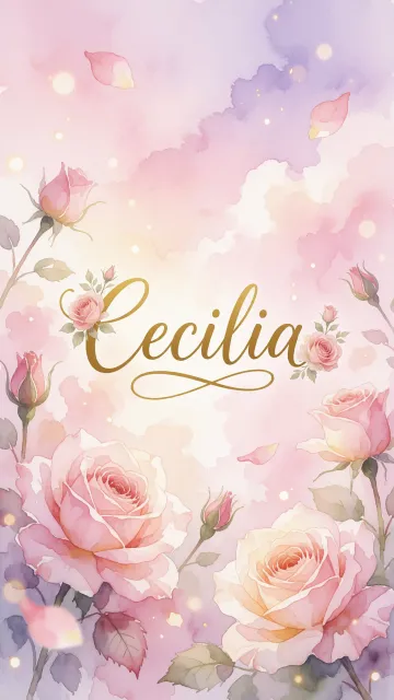 Cecilia diseño 10 - Diseño estilo acuarela con un fondo etéreo y texturizado en nubes de tonos rosa pastel y lila suave. Presenta composiciones de rosas abiertas y capullos en los bordes inferior y superior, con pétalos cayendo delicadamente. Incorpora destellos de luz cálida (efecto bokeh) y, en el centro, resalta una tipografía elegante, cursiva y fluida en color dorado.