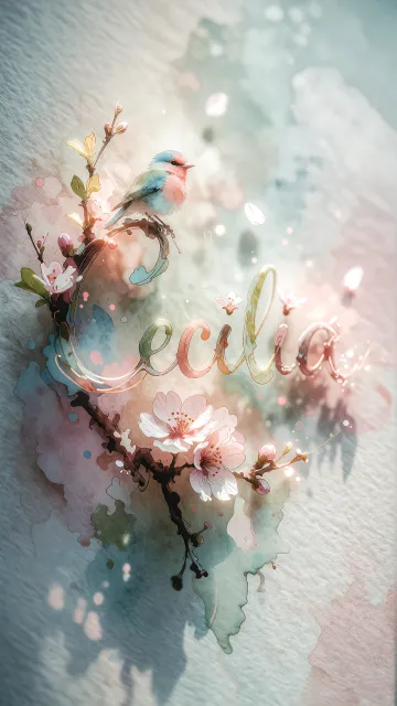 Cecilia diseño 11 - Un delicado diseño de estilo acuarela digital que combina una tipografía de caligrafía personalizada para el nombre en tonos dorados y rosados suaves, adornada con pequeñas hojas y brotes. Un pajarito azul y naranja vibrante está posado en una de las letras. Todo está rodeado por un marco circular de ramas de cerezo en flor con delicadas flores rosadas y blancas. El fondo es un lavado de acuarela difuminado en tonos pastel suaves de azul cerceta, rosa rubor y melocotón sobre una textura de papel rugoso, con destellos luminosos y motas de luz bokeh flotando alrededor, creando una atmósfera mágica y soñadora. Las sombras suaves proyectadas añaden profundidad.