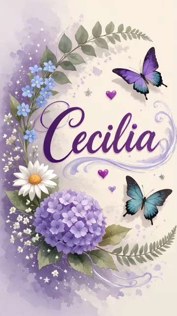 Cecilia diseño 2 - Diseño elegante de hortensias en tonos lila y morados suaves, con volutas estilizadas y una mariposa mística que aporta un toque etéreo y mágico.
