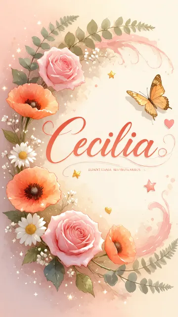 Cecilia diseño 3 - Elegante composición de rosas rosadas y amapolas naranjas con mariposas doradas brillantes sobre un fondo cálido, romántico y mágico.
