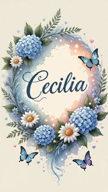 Cecilia diseño 4 - Composición magica con nombre en letra cursiva azul, rodeado de hortensias azules, margaritas blancas y delicadas flores silvestres, enmarcado por suaves remolinos de agua, mariposas azules y destellos estelares sobre un fondo etéreo y romántico.