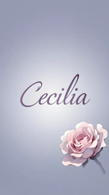 Cecilia diseño 5 - Nombre en elegante tipografía cursiva caligráfica en tono lavanda, sobre fondo acuarela de cielo nublado en tonos pastel (azul, blanco, lavanda), decorado con rosa en acuarela de pétalos rosa pálido, blanco crema y lilas suaves con hojas en gris-verde.