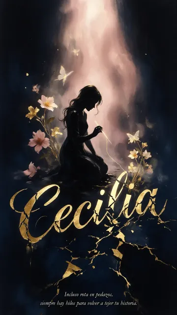 Cecilia diseño 6 - Composición de ilustración semirrealista cinematográfica con silueta femenina tejiendo un hilo dorado de luz sobre un suelo oscuro fracturado al estilo Kintsugi, donde el nombre resalta en un prominente guión caligráfico dorado que emerge de las grietas, rodeado de flores blancas, mariposas y un fondo degradado de azules profundos iluminado por una luz celestial en tonos melocotón y crema, con una frase de aliento en tipografía blanca en la parte inferior.
