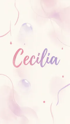 Cecilia - Diseño abstracto en acuarela sobre fondo crema, con manchas fluidas y etéreas en rosa pastel y lila, líneas curvas que aportan movimiento, pequeñas gotas salpicadas cayendo verticalmente y una burbuja translúcida en la parte superior izquierda. El nombre resalta al centro con una tipografía cursiva amplia y elegante en degradado rosa a morado.