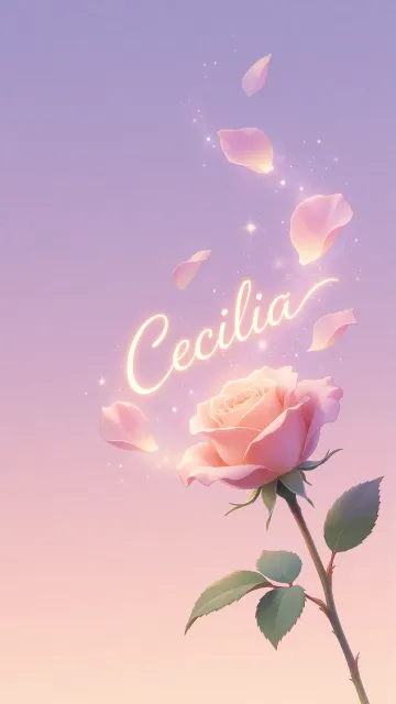 Cecilia diseño 8 - Fondo de Pantalla con degradado suave que transiciona de lila en la parte superior a melocotón y rosa pastel en la base, destacando una rosa rosada hiperrealista con tallo y hojas verdes. El nombre brilla en tipografía cursiva con efecto neón cálido, adornado con pétalos cayendo y chispas de luz mágica.