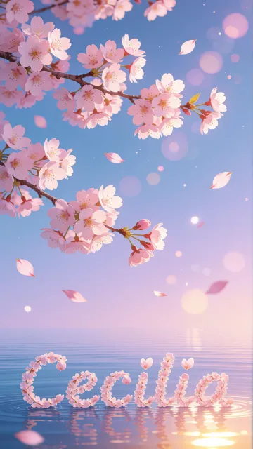 Cecilia diseño 9 - Composición serena y onírica con ramas de cerezo en flor (sakura) en la parte superior contra un cielo en degradado de azul suave y lila. Pétalos de color rosa pastel flotan delicadamente en el aire cayendo hacia una superficie de agua tranquila y cristalina. En el centro inferior, el nombre está formado por pétalos de flores con un sutil efecto de relieve 3D y tipografía floral, reflejándose sobre el agua que está iluminada por un cálido destello dorado de luz solar en la esquina inferior derecha.