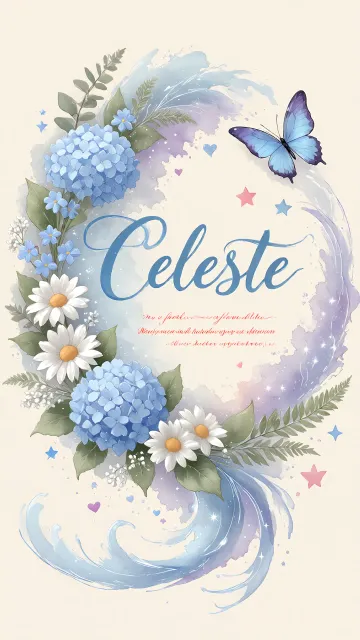 Celeste diseño 1 - Hortensias azules, flores pequeñas y acuarela suave con mariposas azules y brillo etéreo