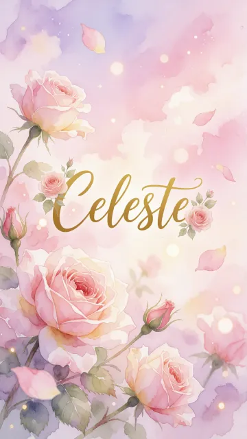 Celeste diseño 10 - Diseño estilo acuarela con un fondo etéreo y texturizado en nubes de tonos rosa pastel y lila suave. Presenta composiciones de rosas abiertas y capullos en los bordes inferior y superior, con pétalos cayendo delicadamente. Incorpora destellos de luz cálida (efecto bokeh) y, en el centro, resalta una tipografía elegante, cursiva y fluida en color dorado.