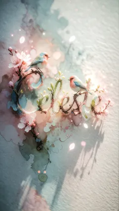 Celeste - Un delicado diseño de estilo acuarela digital que combina una tipografía de caligrafía personalizada para el nombre en tonos dorados y rosados suaves, adornada con pequeñas hojas y brotes. Un pajarito azul y naranja vibrante está posado en una de las letras. Todo está rodeado por un marco circular de ramas de cerezo en flor con delicadas flores rosadas y blancas. El fondo es un lavado de acuarela difuminado en tonos pastel suaves de azul cerceta, rosa rubor y melocotón sobre una textura de papel rugoso, con destellos luminosos y motas de luz bokeh flotando alrededor, creando una atmósfera mágica y soñadora. Las sombras suaves proyectadas añaden profundidad.