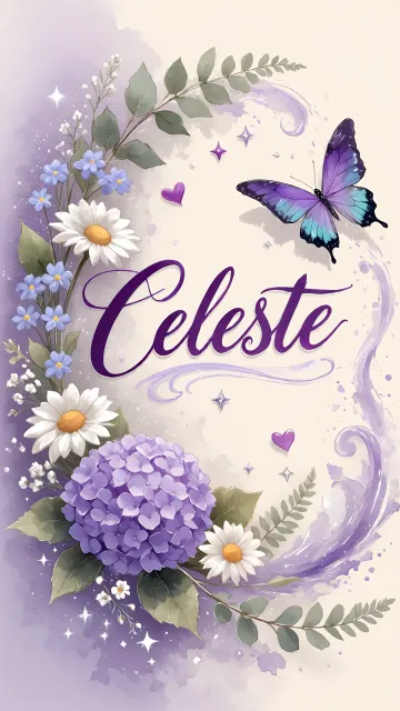 Celeste diseño 2 - Diseño elegante de hortensias en tonos lila y morados suaves, con volutas estilizadas y una mariposa mística que aporta un toque etéreo y mágico.