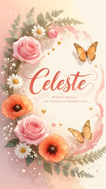 Celeste diseño 3 - Elegante composición de rosas rosadas y amapolas naranjas con mariposas doradas brillantes sobre un fondo cálido, romántico y mágico.