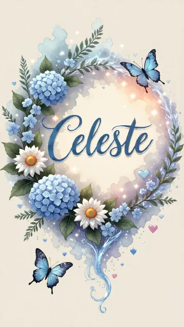 Celeste diseño 4 - Composición magica con nombre en letra cursiva azul, rodeado de hortensias azules, margaritas blancas y delicadas flores silvestres, enmarcado por suaves remolinos de agua, mariposas azules y destellos estelares sobre un fondo etéreo y romántico.