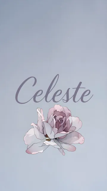 Celeste diseño 5 - Nombre en elegante tipografía cursiva caligráfica en tono lavanda, sobre fondo acuarela de cielo nublado en tonos pastel (azul, blanco, lavanda), decorado con rosa en acuarela de pétalos rosa pálido, blanco crema y lilas suaves con hojas en gris-verde.