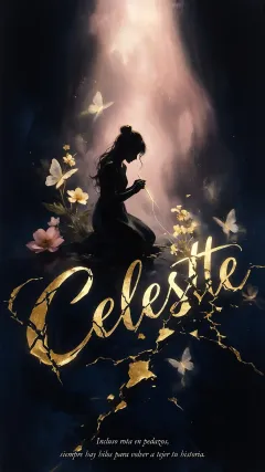 Celeste - Composición de ilustración semirrealista cinematográfica con silueta femenina tejiendo un hilo dorado de luz sobre un suelo oscuro fracturado al estilo Kintsugi, donde el nombre resalta en un prominente guión caligráfico dorado que emerge de las grietas, rodeado de flores blancas, mariposas y un fondo degradado de azules profundos iluminado por una luz celestial en tonos melocotón y crema, con una frase de aliento en tipografía blanca en la parte inferior.