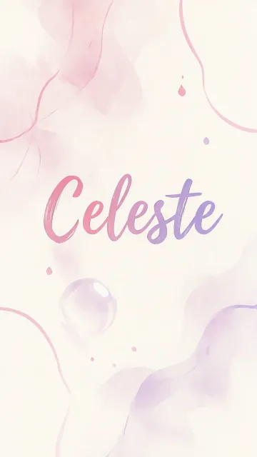 Celeste diseño 7 - Diseño abstracto en acuarela sobre fondo crema, con manchas fluidas y etéreas en rosa pastel y lila, líneas curvas que aportan movimiento, pequeñas gotas salpicadas cayendo verticalmente y una burbuja translúcida en la parte superior izquierda. El nombre resalta al centro con una tipografía cursiva amplia y elegante en degradado rosa a morado.