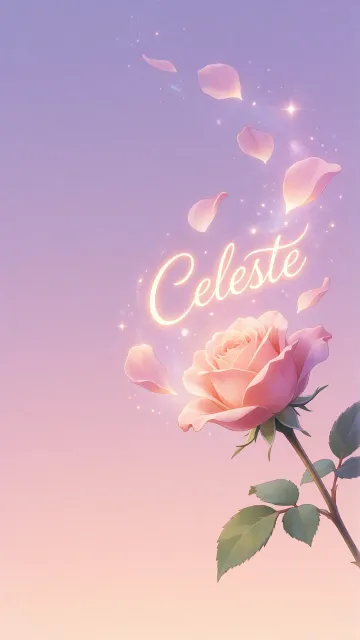 Celeste diseño 8 - Fondo de Pantalla con degradado suave que transiciona de lila en la parte superior a melocotón y rosa pastel en la base, destacando una rosa rosada hiperrealista con tallo y hojas verdes. El nombre brilla en tipografía cursiva con efecto neón cálido, adornado con pétalos cayendo y chispas de luz mágica.