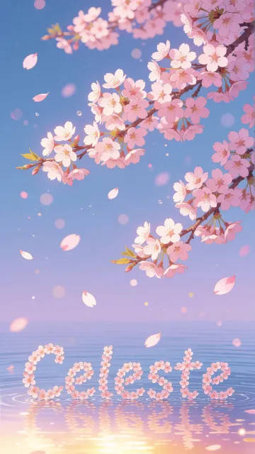 Celeste diseño 9 - Composición serena y onírica con ramas de cerezo en flor (sakura) en la parte superior contra un cielo en degradado de azul suave y lila. Pétalos de color rosa pastel flotan delicadamente en el aire cayendo hacia una superficie de agua tranquila y cristalina. En el centro inferior, el nombre está formado por pétalos de flores con un sutil efecto de relieve 3D y tipografía floral, reflejándose sobre el agua que está iluminada por un cálido destello dorado de luz solar en la esquina inferior derecha.
