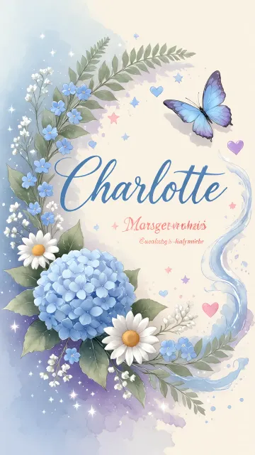 Charlotte diseño 1 - Hortensias azules, flores pequeñas y acuarela suave con mariposas azules y brillo etéreo