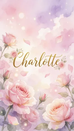 Charlotte - Diseño estilo acuarela con un fondo etéreo y texturizado en nubes de tonos rosa pastel y lila suave. Presenta composiciones de rosas abiertas y capullos en los bordes inferior y superior, con pétalos cayendo delicadamente. Incorpora destellos de luz cálida (efecto bokeh) y, en el centro, resalta una tipografía elegante, cursiva y fluida en color dorado.
